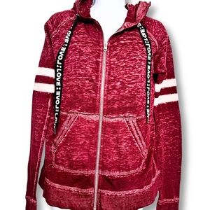 NOBO Maroon White Sleeve Stripe Zip Front LOVE On Hoodie Ties Hoodie JRs SZ M